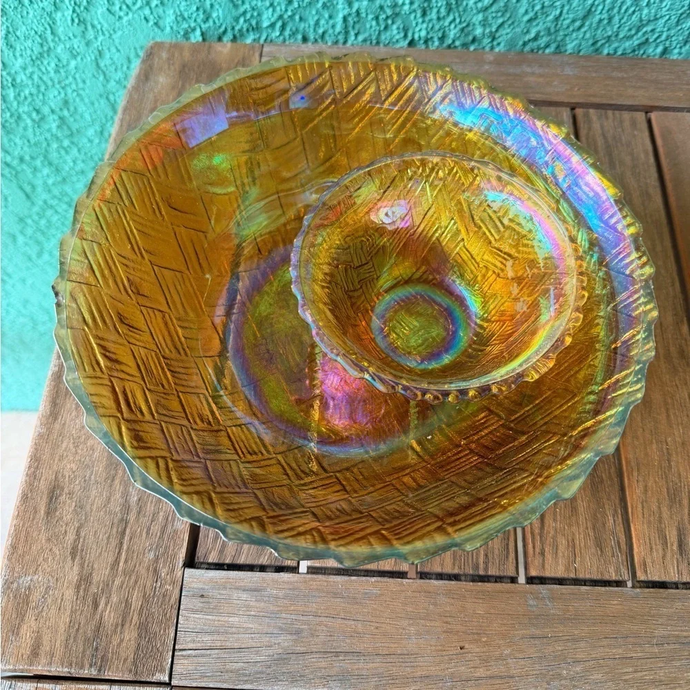 New Vintage Indiana Glass Co. Iridescent Gold Tone Glass 3-Piece Chip & Dip Set